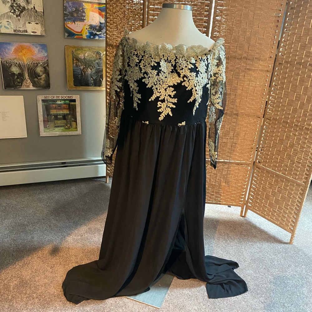 SHEIN full length off shoulder gold lace dress